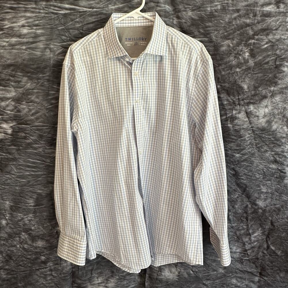 Twillory Performance Dress Shirt Mens 17.5 34-35 Tailored Fit Blue Gray Check